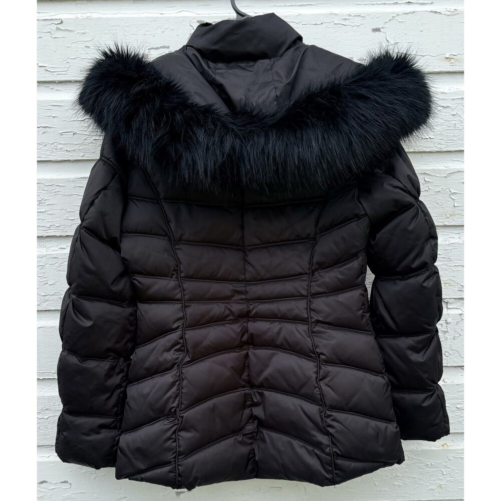 Laundry by Shelli Segal Women's S Faux Fur Hooded Puffer Coat Black Gold Zip - Picture 2 of 5